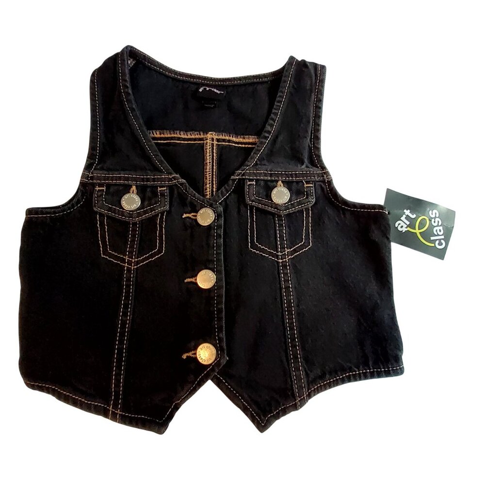 Art Class Kids Black Denim Button-Up Vest S (6/7) Two functional front pockets